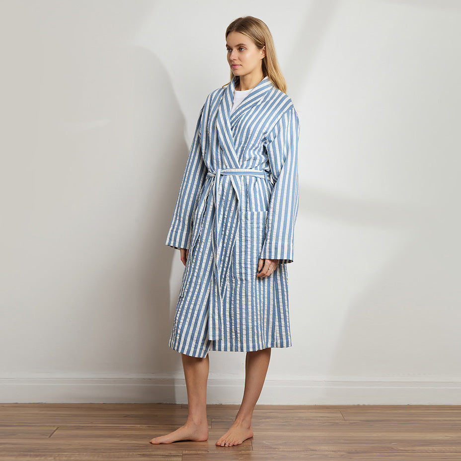 The Sleep Code Unisex Striped Linen Cotton Robe | White & Blue / L-XL The Sleep Code Unisex Striped Linen Cotton Robe | White & Blue / L-XL