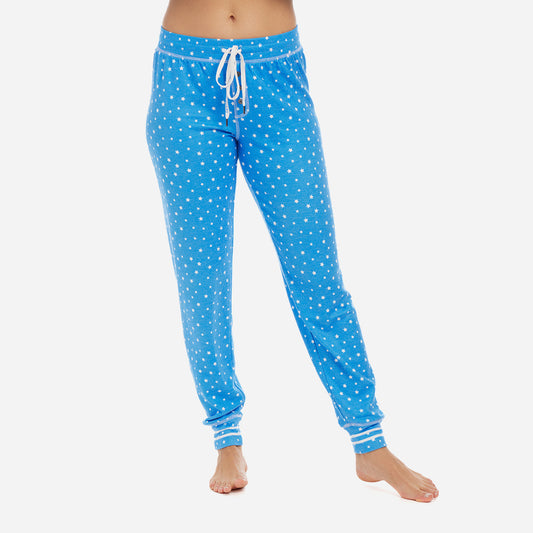 These casual jogger pants feature a cozy fit and an elastic waistband with an adjustable drawstring to provide a customized and secure fit. Detailed with a cheerful star print and double stripes on the ribbed cuffs, these stylish lounge pants are a wind-down must have.