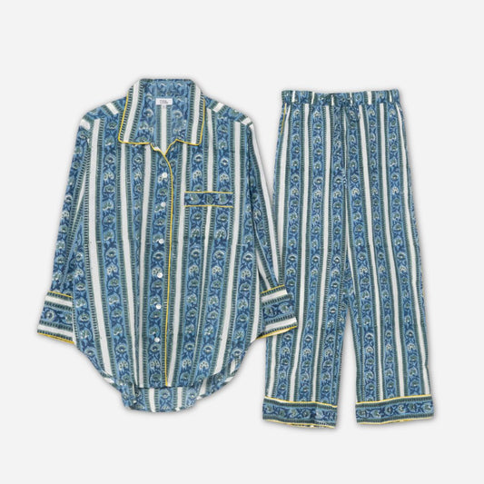 Cotton Floral Stripe Long Pajama Set