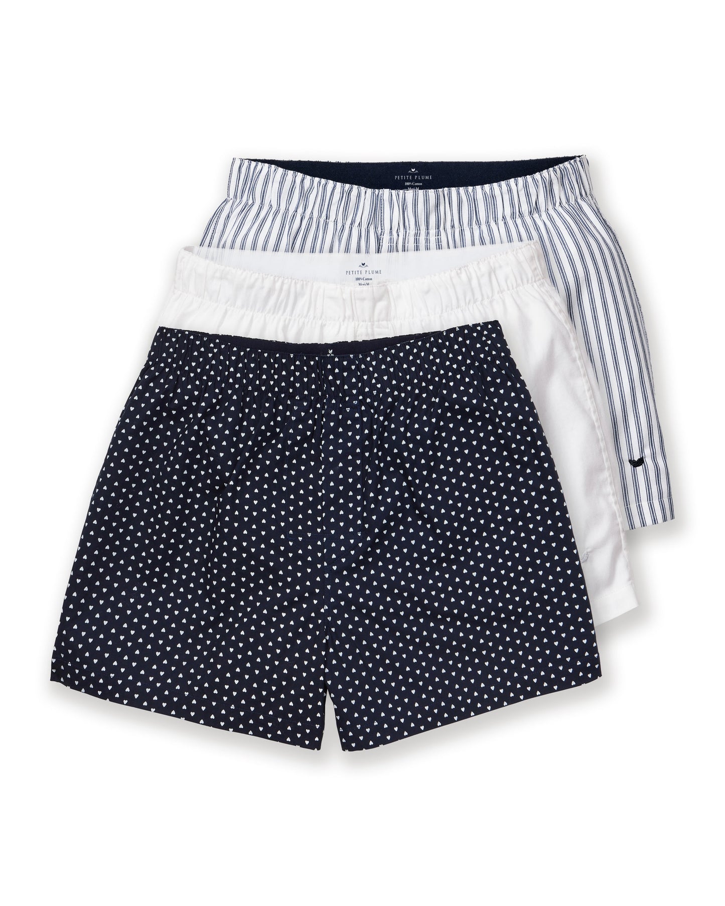 Men's Twill Boxers 3-Pack - Midnight Hearts, White & Navy French Ticking