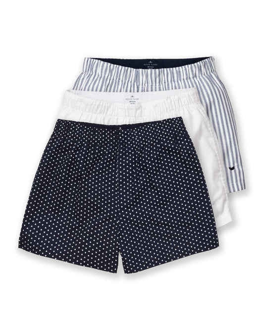 Men's Twill Boxers 3-Pack - Midnight Hearts, White & Navy French Ticking