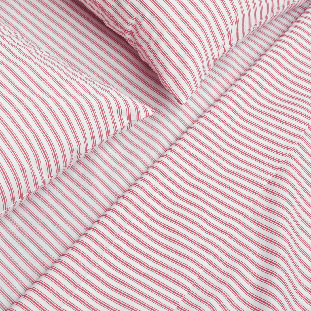 Luxe Premium Percale Bed Sheets in Antique Red Ticking