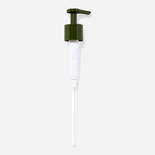 Reusable pump with dark green top shot against grey background.