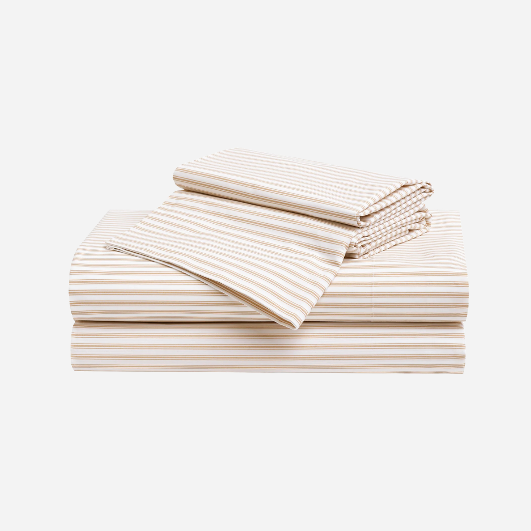 Luxe Premium Percale Bed Sheets in Camel Ticking
