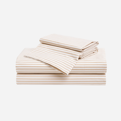 Luxe Premium Percale Bed Sheets in Camel Ticking