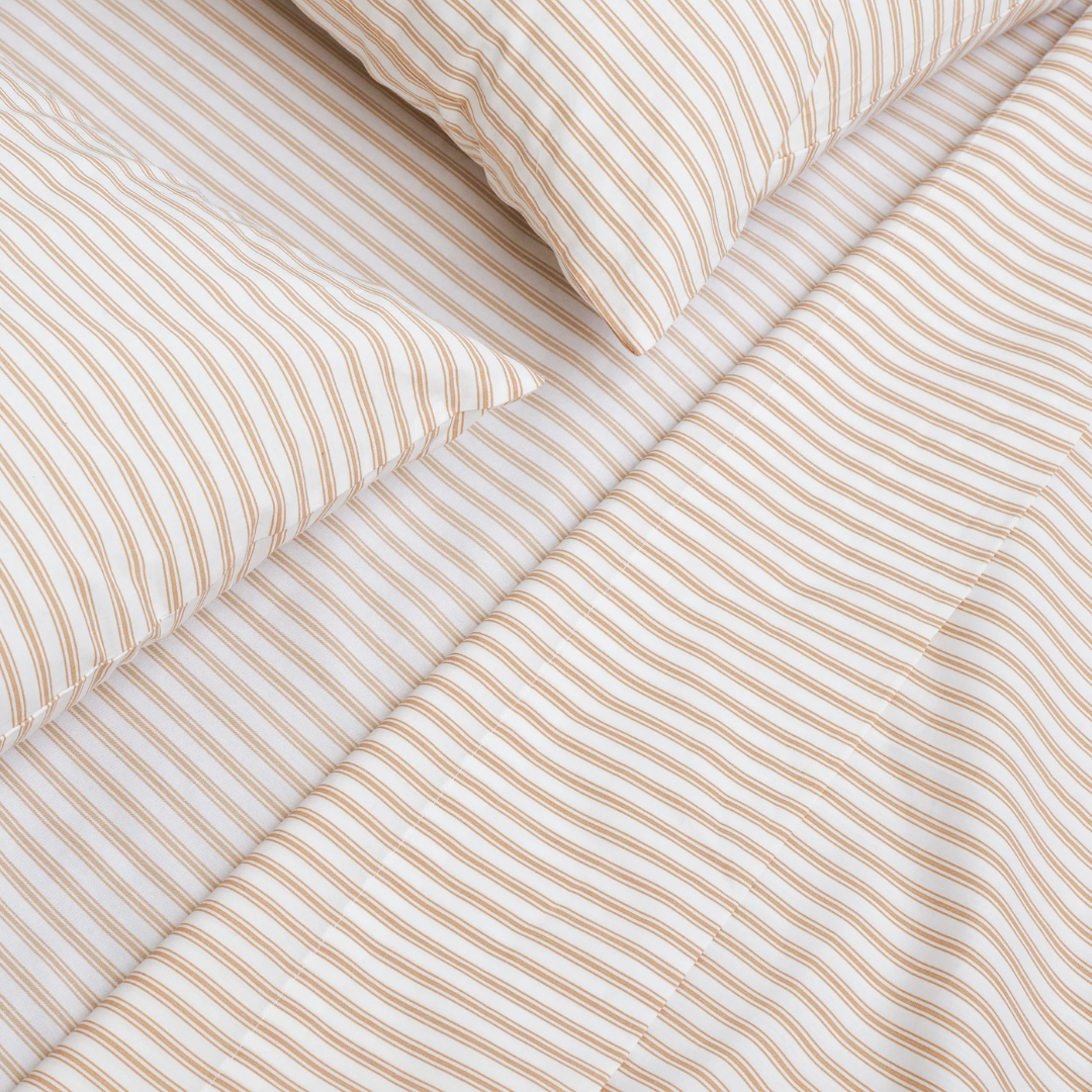 Luxe Premium Percale Bed Sheets in Camel Ticking