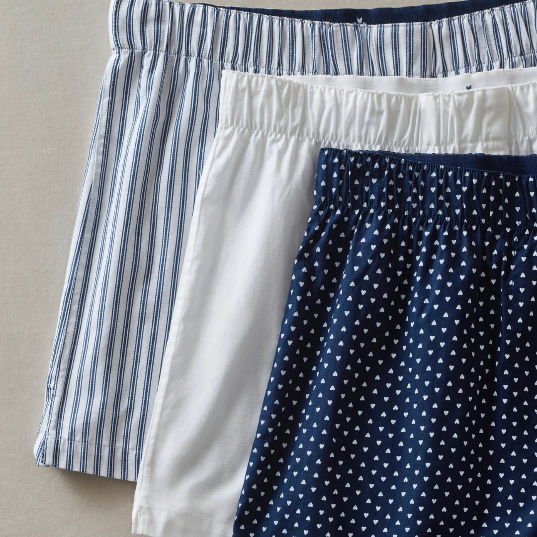 Men's Twill 3 Pack Boxers in Midnight Hearts, White, and Navy French Ticking