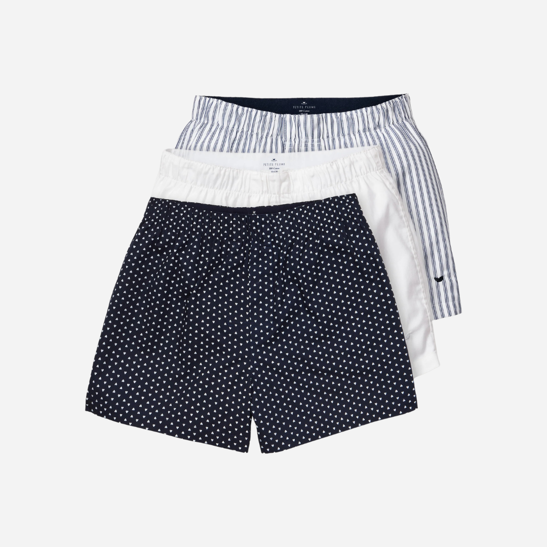 Men's Twill 3 Pack Boxers in Midnight Hearts, White, and Navy French Ticking