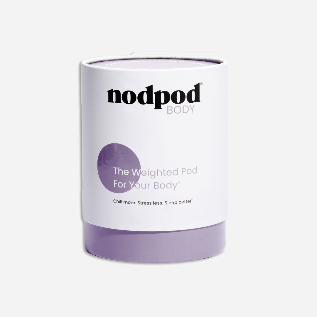 Purple and white container labeled 'nodpod BODY' on a white background