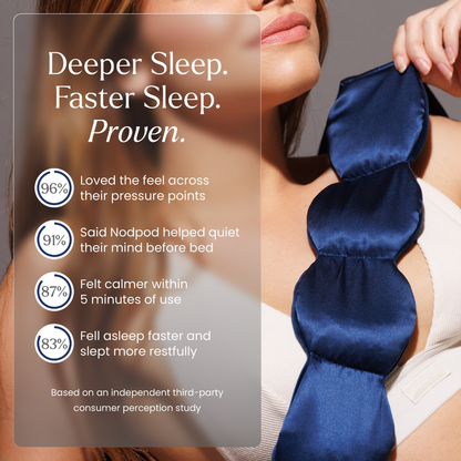 Person wearing a blue silk weighted eye mask with sleep benefits text overlay