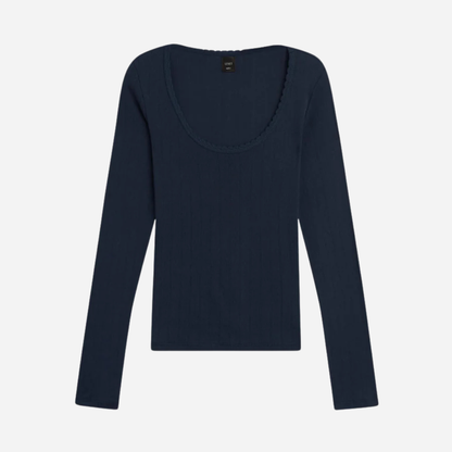 Pointelle Cotton Long-Sleeve Scoop Neck Tee