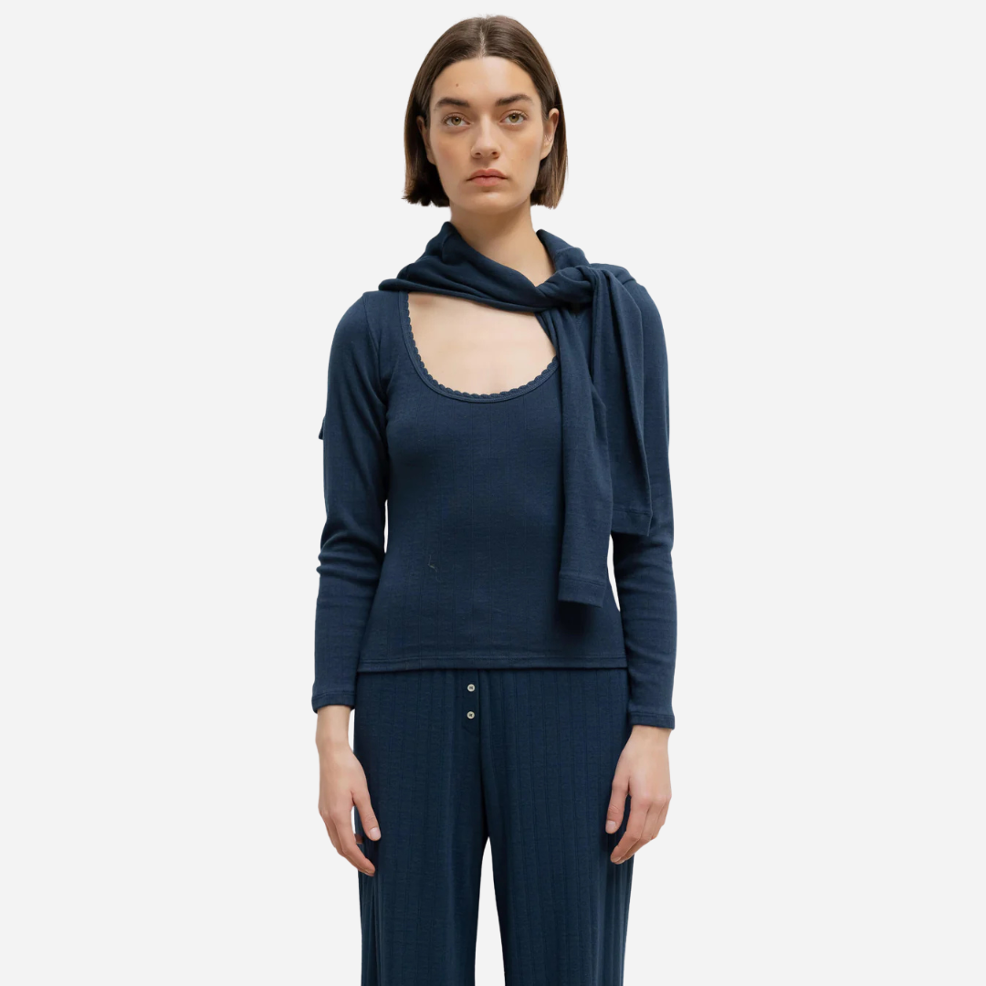 Pointelle Cotton Long-Sleeve Scoop Neck Tee