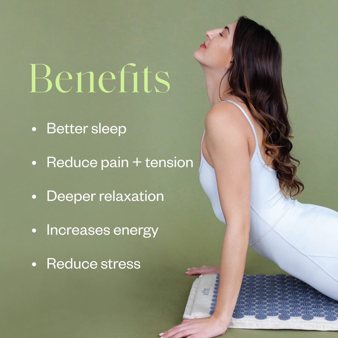 Woman practicing yoga with text listing benefits on a green background
