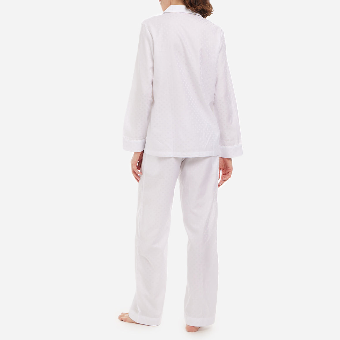 A back-facing model is wearing a long pajama set made of white polka dot cotton jacquard.