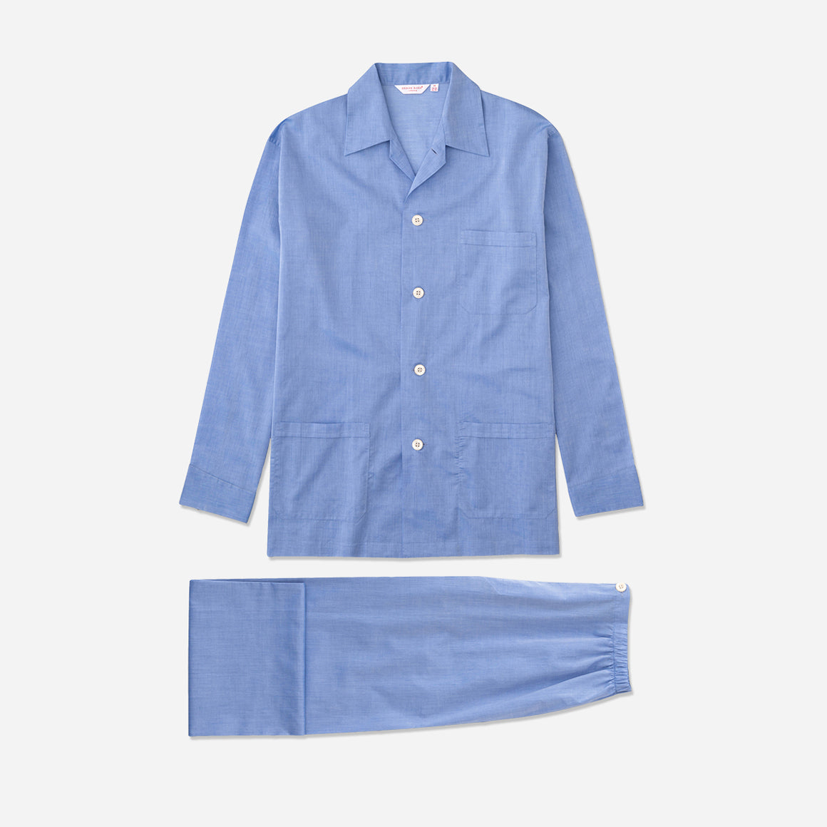 Derek Rose's Amalfi Cotton Classic Fit Pajama Set in a blue colorway. Shown against light grey background.