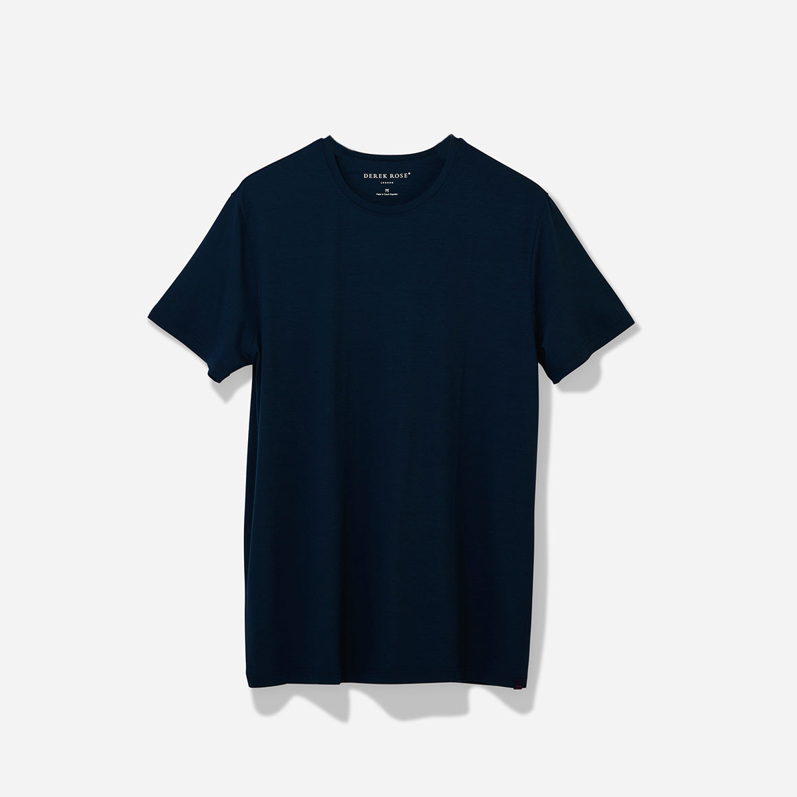 Derek Rose's Basel Micro Modal Crew Neck T-Shirt in a navy colorway. Shown against light grey background.