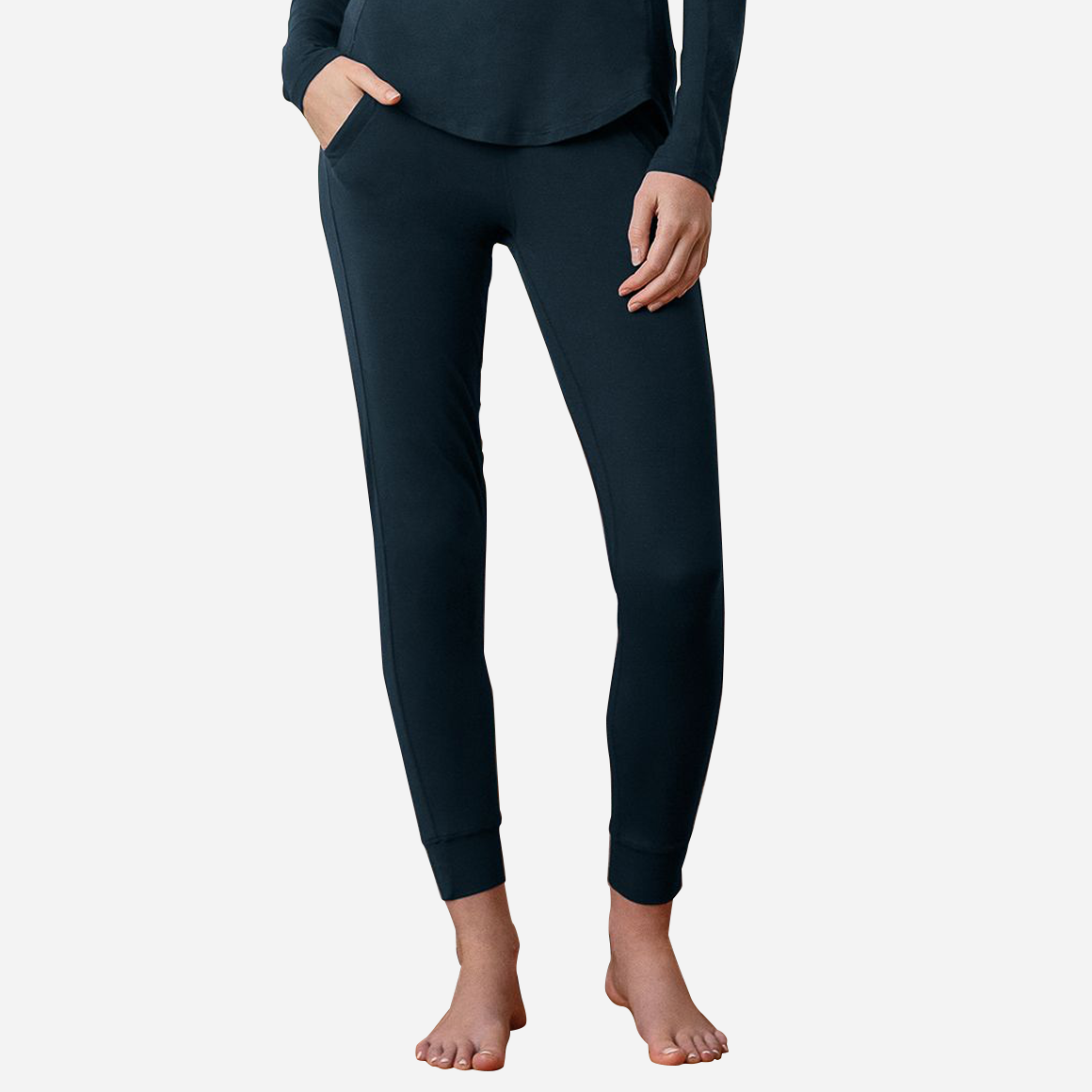 Dark Blue lounge and sleep jogger pant on front-facing female model with hand in front pocket.