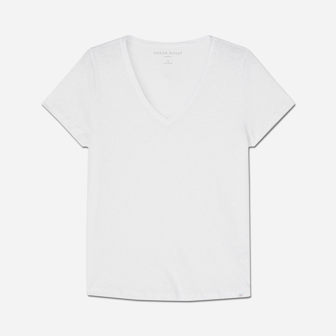Derek Rose's Jordan Linen V-Neck T-shirt in white colorway. Shown against light grey background.