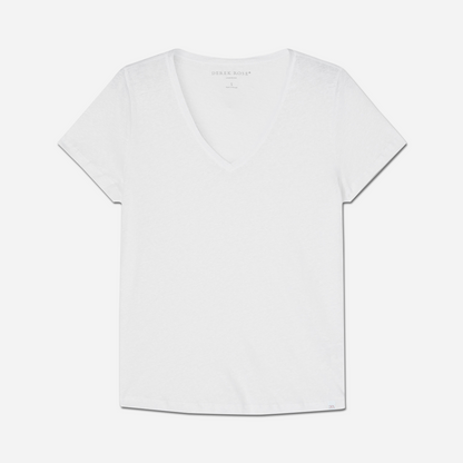 Derek Rose's Jordan Linen V-Neck T-shirt in white colorway. Shown against light grey background.
