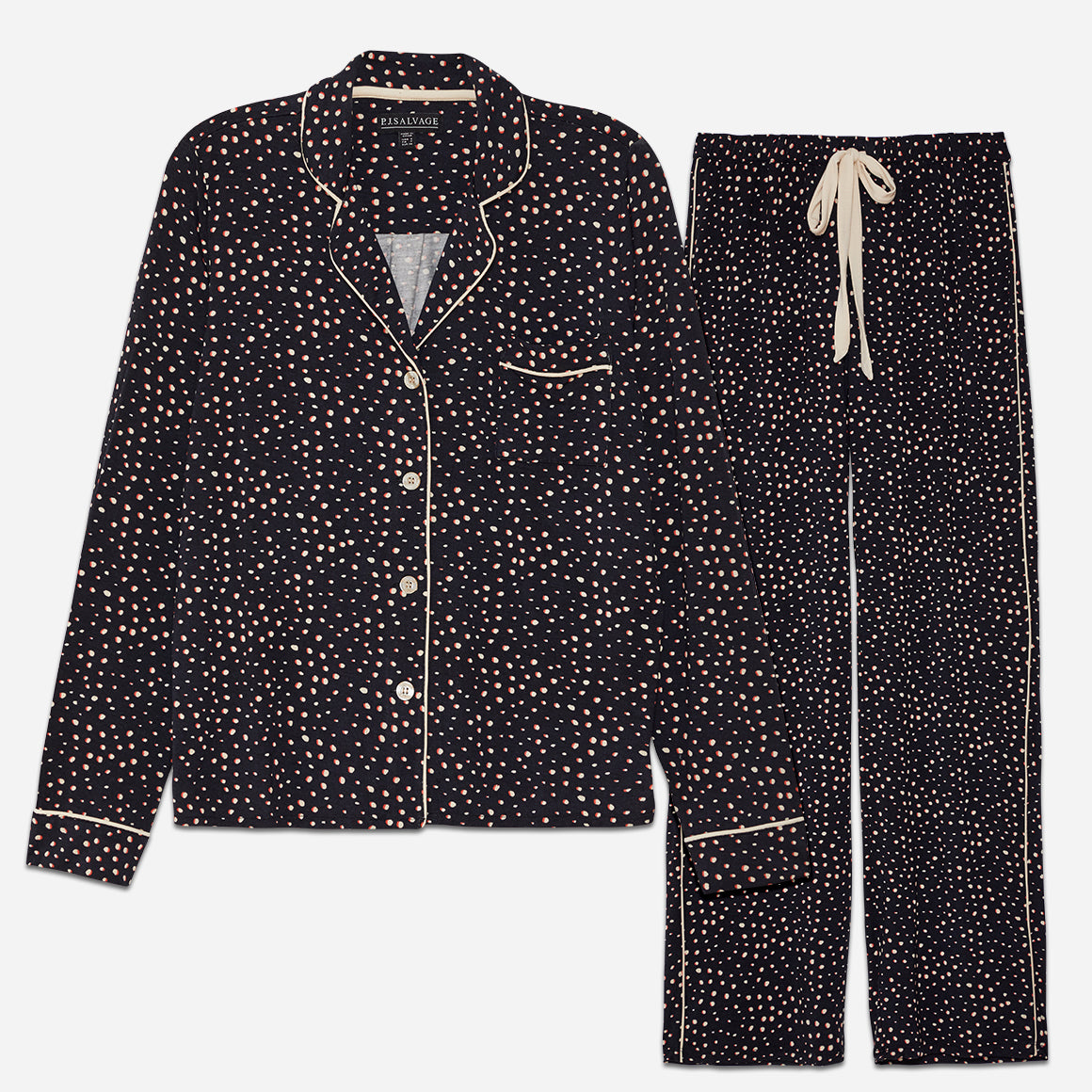 The classic yet contemporary silhouette flatters all body types, and its relaxed fit allows for unrestricted movement and maximum comfort, ensuring you wake up feeling refreshed and rejuvenated. The button-down top exudes sophistication, while the notched collar adds a touch of refinement. The matching straight leg pants offer a modern and flattering look, while the elastic waistband provides a customized fit.