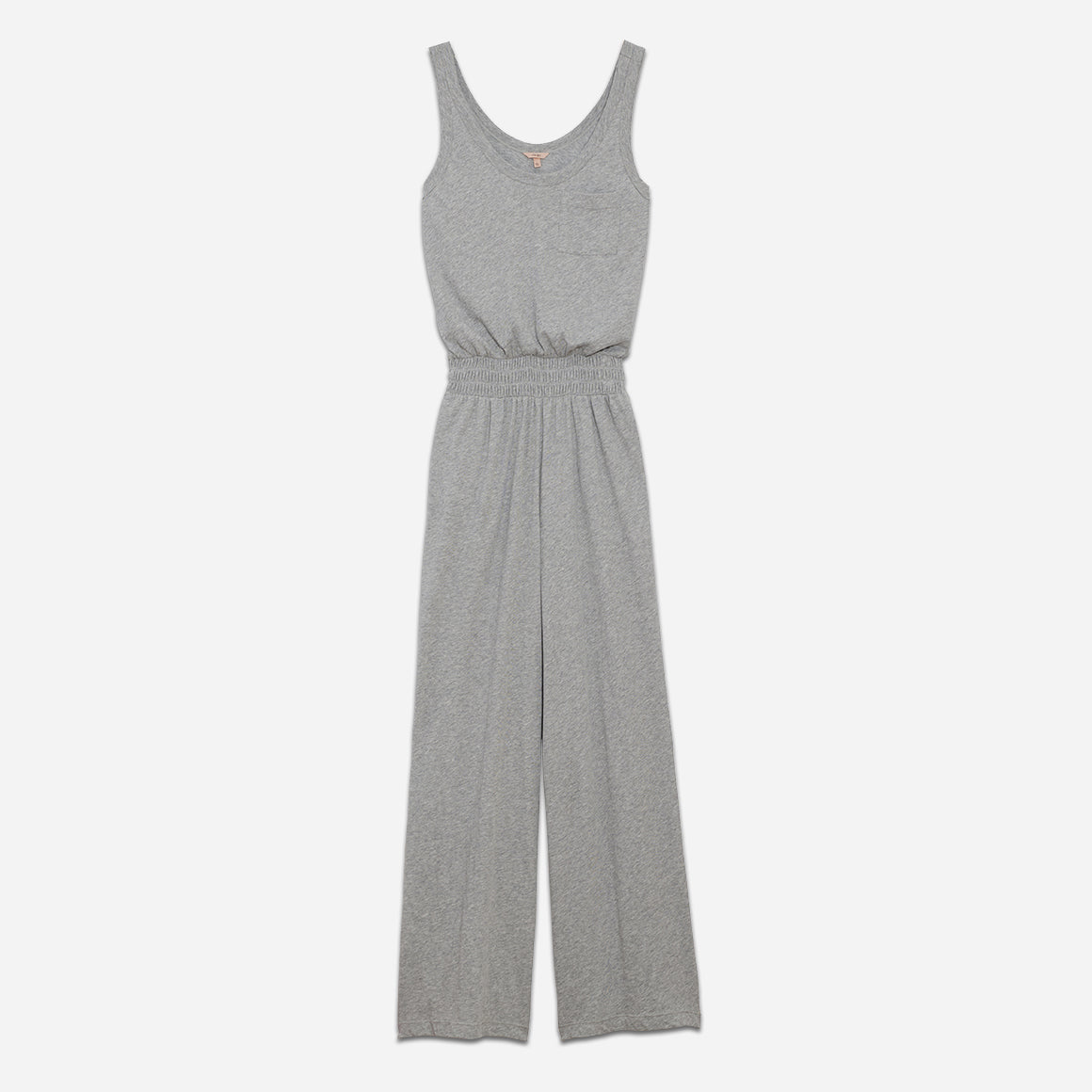 Eberjey's Aloe Infused Cotton Wide Leg Jumpsuit in a heathered grey colorway photographed against a light grey background.